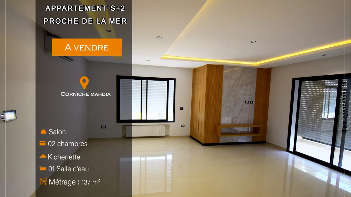 Luxury S+2 Apartment for Sale with Lateral Sea View in Mahdia Corniche